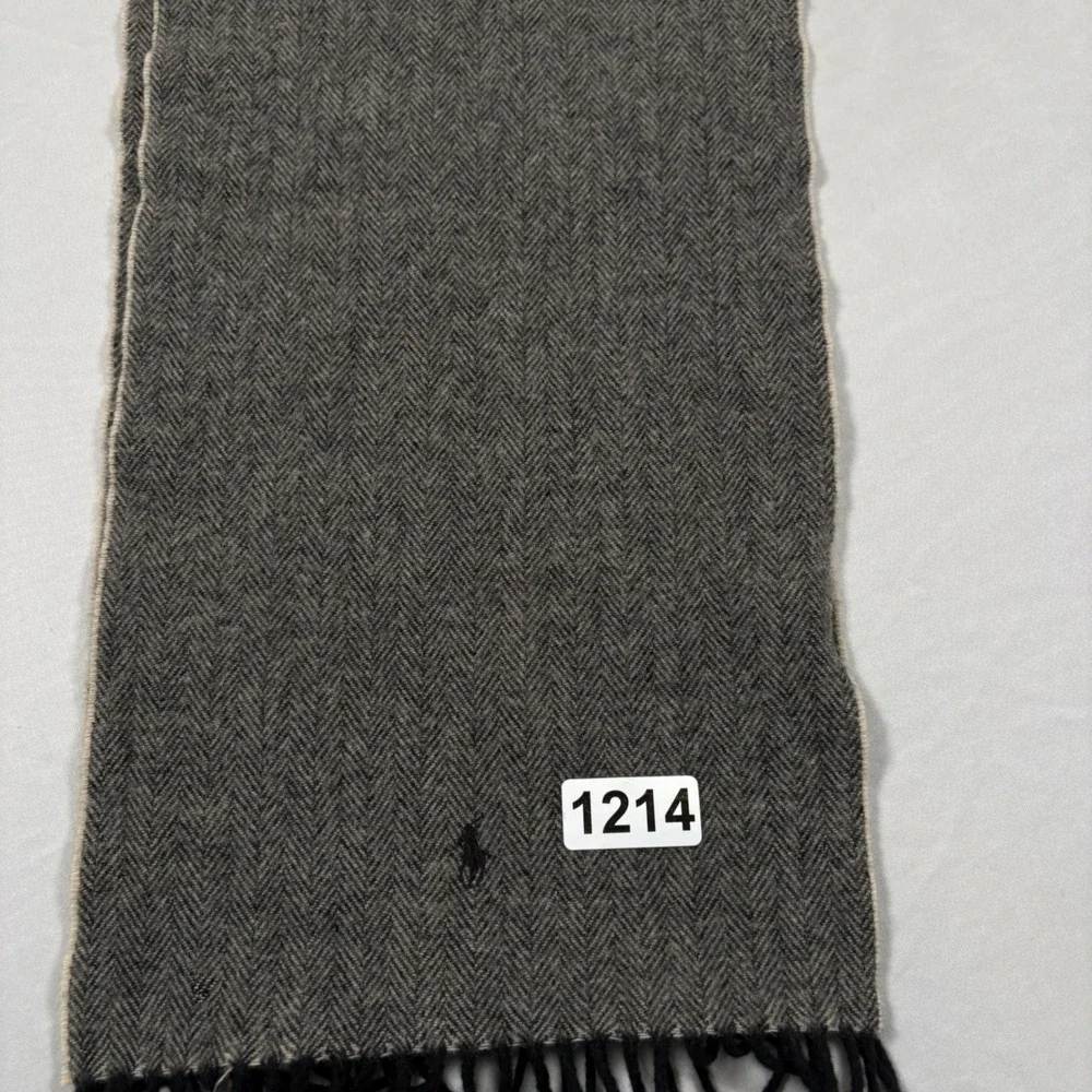Polo Ralph Lauren Scarf Mens OS Grey Herringbone Lambswool Tassel Fringe EUC